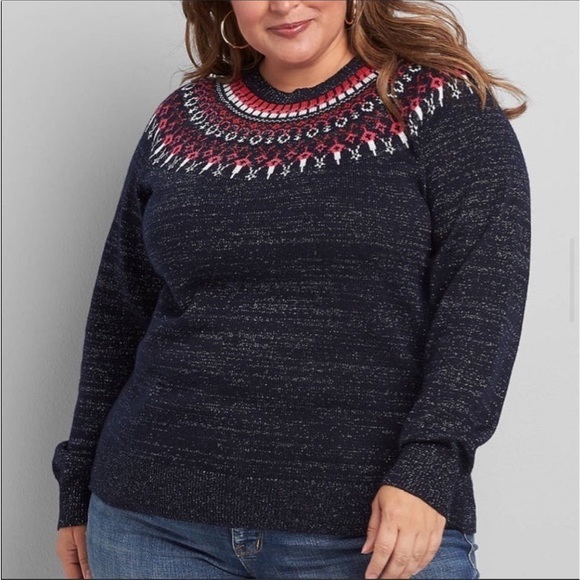 Lane Bryant Sweaters - Lame Bryant Fair isle Nordic crewneck sweater navy, white & pink size 18/20